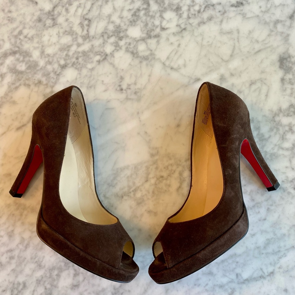 Oh Deer Brown Suede Leather Peep Toe Heels